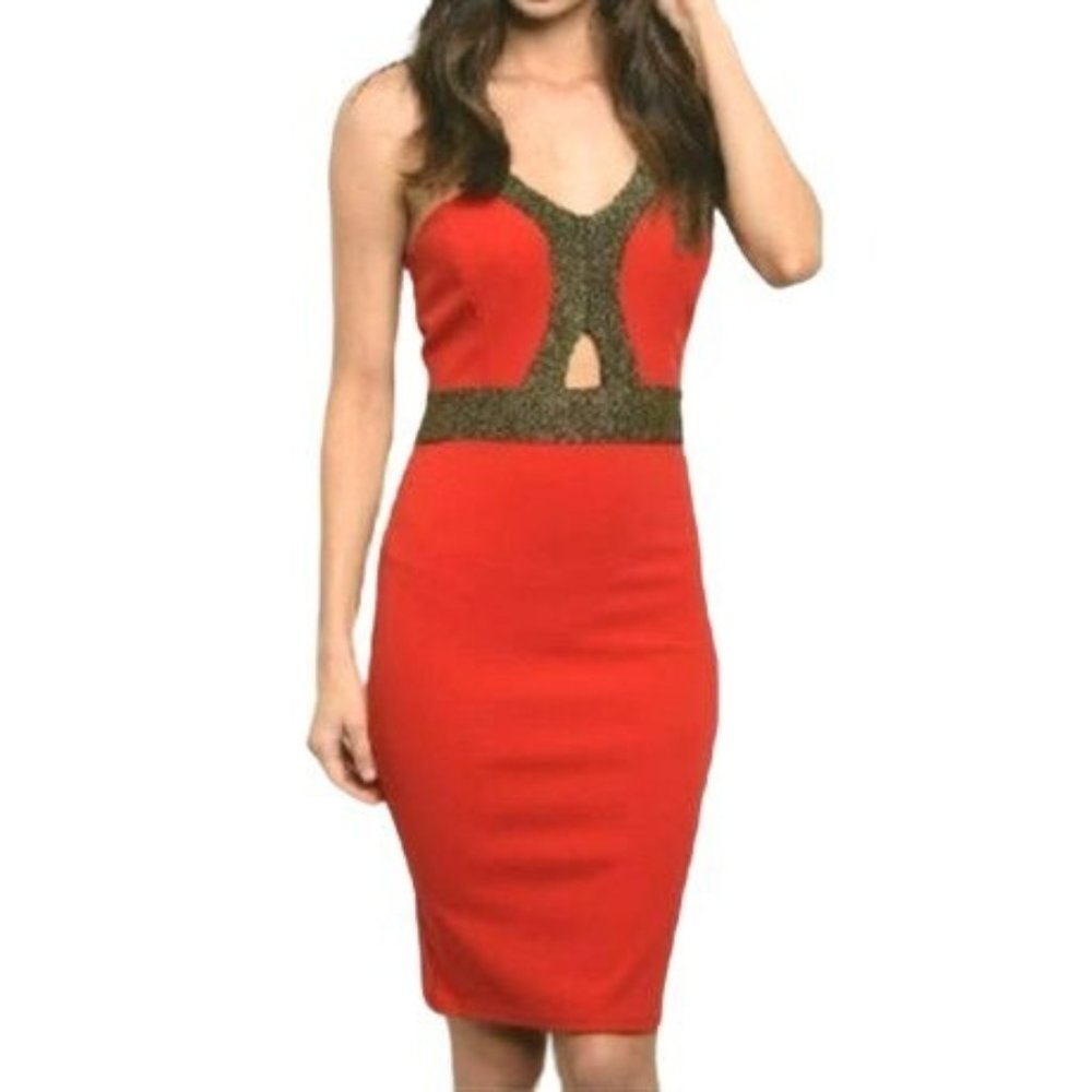 Kimcine Metallic Sexy Bodycon Mini Dress Red Gold Size Medium NWT